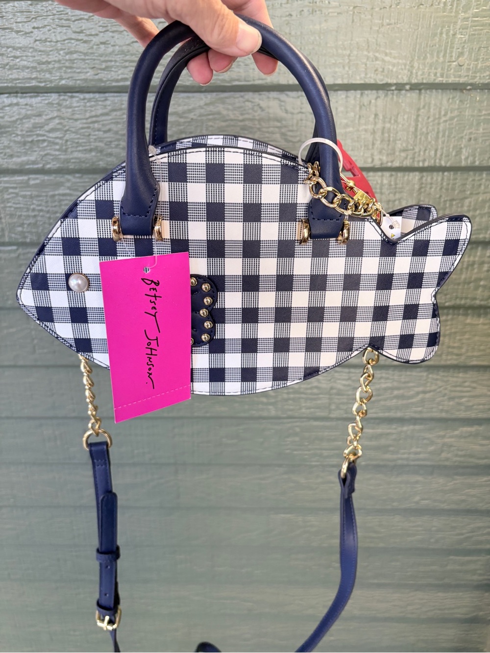 Betsey Johnson Navy and White Gingham Fish Crossbody Bag